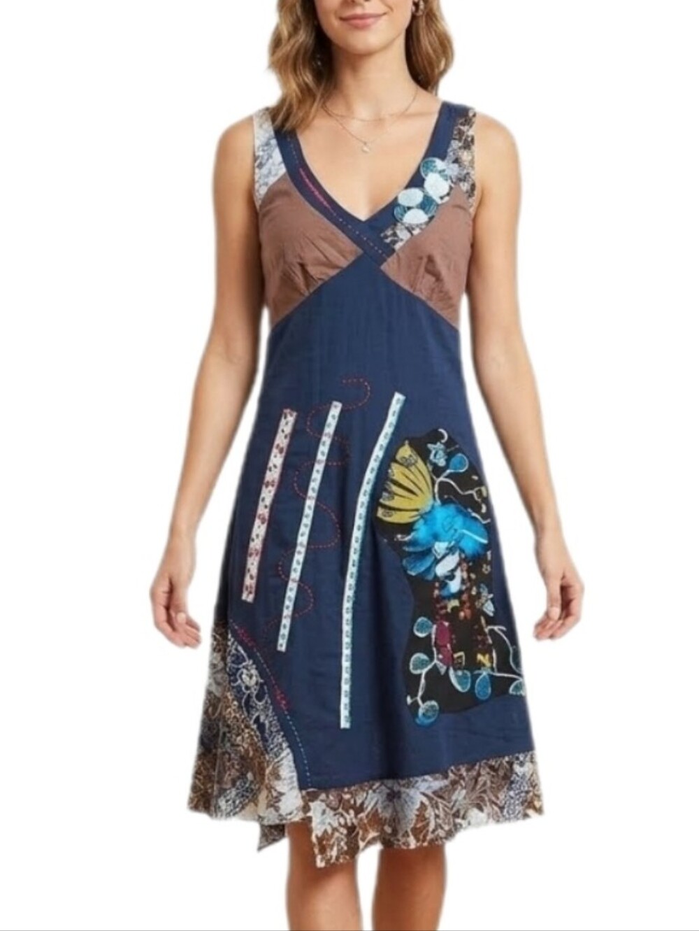 Toi Et Moi Dress Floral Embroidered Sleeveless Boho Patchwork Blue Size S